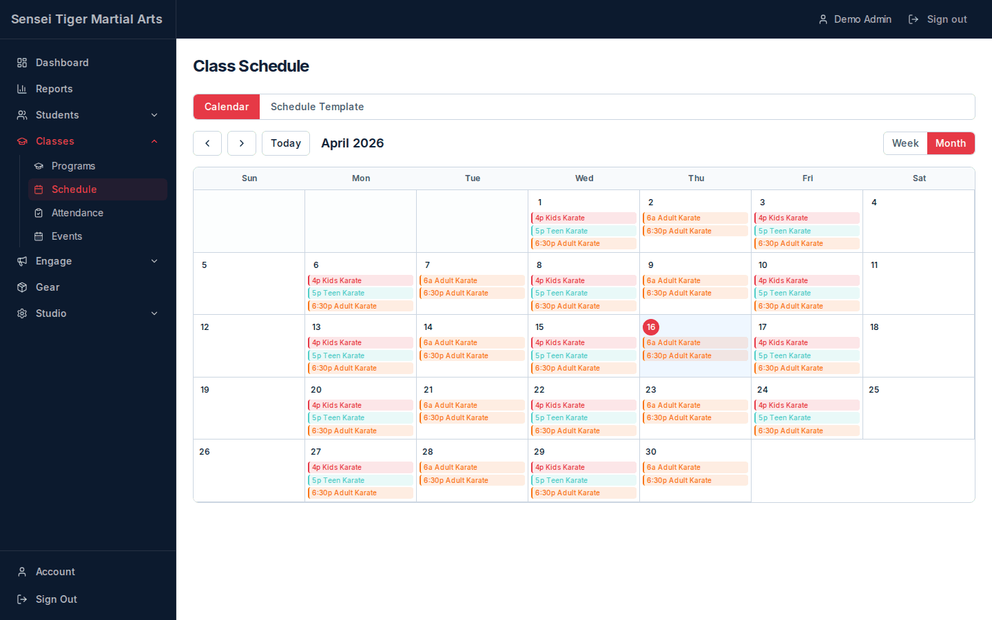 Dojo Tiger — Class Calendar